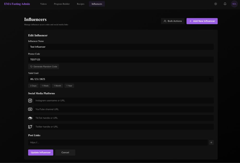 Added "INFLUENCER" panel to handle free access to the app.

- Generate the code for the selected influencer and set the expiration date.
- Add influencer info and post links to track easily

All happens in the web dashboard for the mobile app