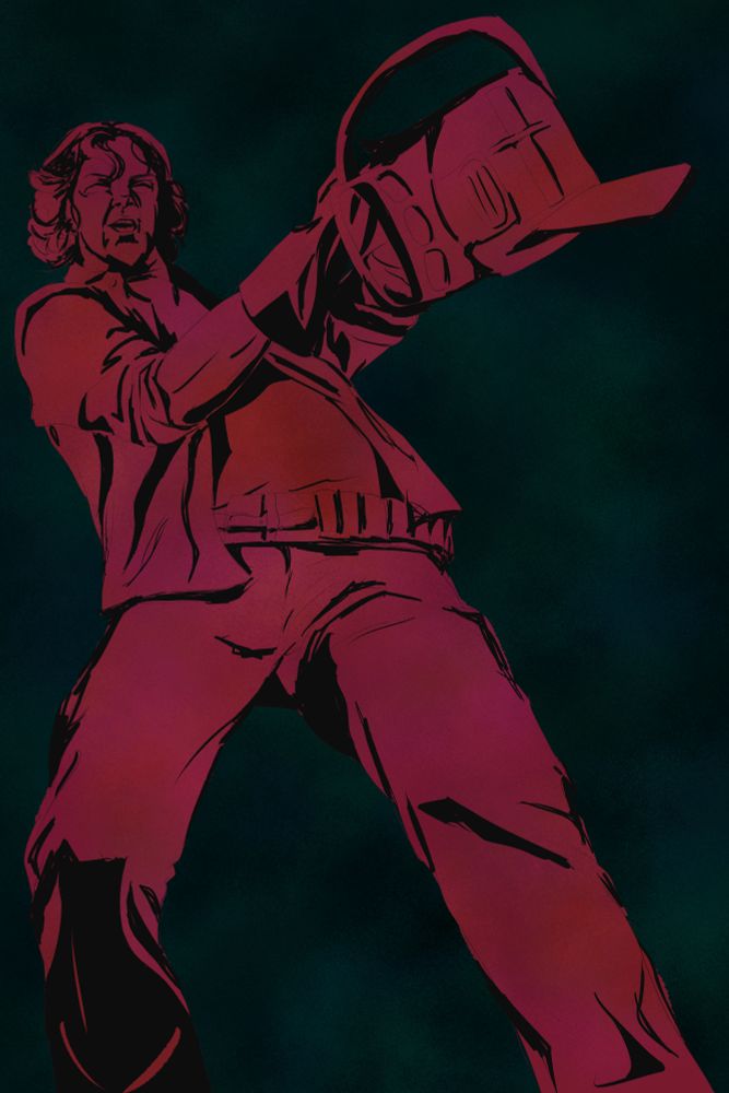 Red and green digital illustration of a man with a chainsaw, from the stock image prompt by @nullentitystock.bsky.social