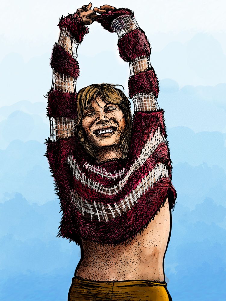 Digital painting of a smiling woman with her arms stretched up above her head. The linework was done with pen and ink then scanned and coloured digitally. 
