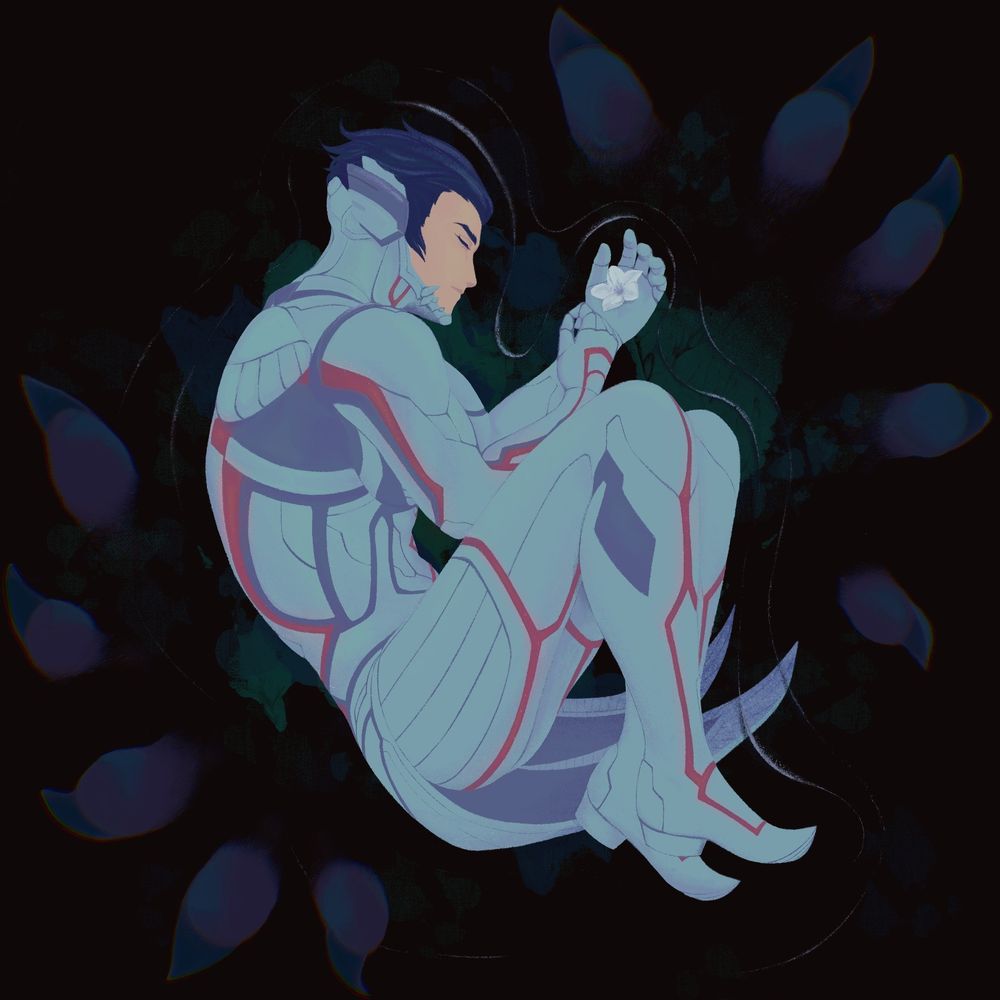 A digital illustration of Aogami from Shin Megami Tensei V, laying in a dark pool with his eyes closed, holding a white azalea. Lucifer's hands curl around him, slightly aberrated.