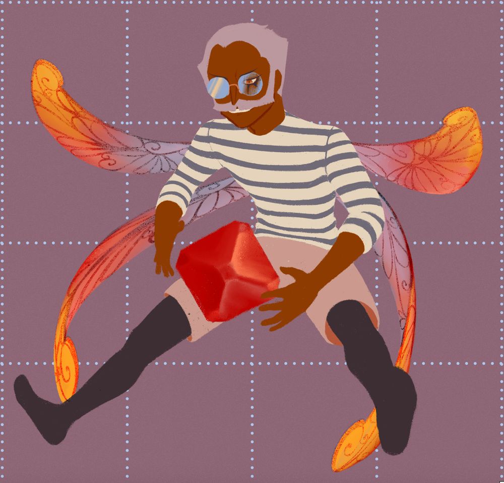 a flat lineliness drawing of Neuras with fairy wings colored in a firey sunset-like gradient. The embellishment in his wing structure resemble's a bird's wing. He's holding an object similar to the relics from his bond, much larger when scaled to his fairy self, and has a characteristically ethused expression with one lens of his glasses obscuring the eye underneath