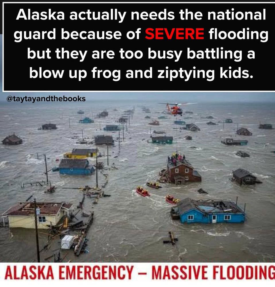 Alaska actually needs the national guard because of severe [emphasized] flooding but they are too busy battling a blow up frog and zip-tying kids. Below these letters is a photo of houses being inundated with floodwaters and a statement in large red letters: ALASKA EMERGENCY - MASSIVE FLOODING 