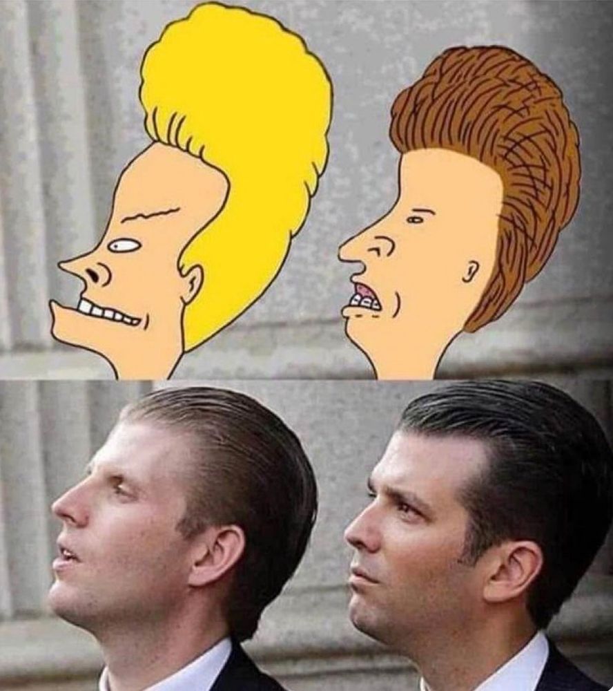 Top panel is a cartoon of Beavis and Butthead in profile. Bottom panel is a photo of Eric and Don Jr. in a nearly exact replica of the top panel. 