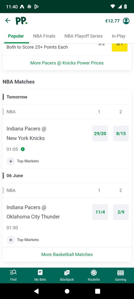 Pacers playing Thunder on 6th June. Paddy Power betting app knows something we don't 