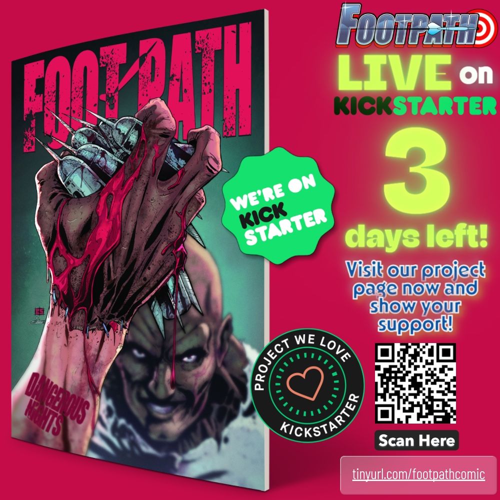 FOOTPATH: DANGEROUS NIGHTS 🎯 
Live on Kickstarter! #ProjectWeLove 💚

Synopsis:
"An exclusive mega-party is held annually by the wealthy host at his mansion on a private island. 
But what if the event is just a front to auction off horrendous experiments to the highest bidder in a secret lab underneath the estate? 
That's the mission! Find the lab and shut it down by any means necessary. Rowan Kelly, aka 'Footpath,' has her hands full when the mission runs into a brick wall. A brick wall that fights back!
Get ready for 'Footpath: Dangerous Nights'!" 

Written by Jonathan Hedrick 
Pencils & Inks by Marcelo Salaza 
Colors by Matheus Huve 
Letters by Saida Temofonte 
Cover E by Bryan SilverBax & Pedro Estouco 
Created by Alfred Paige 