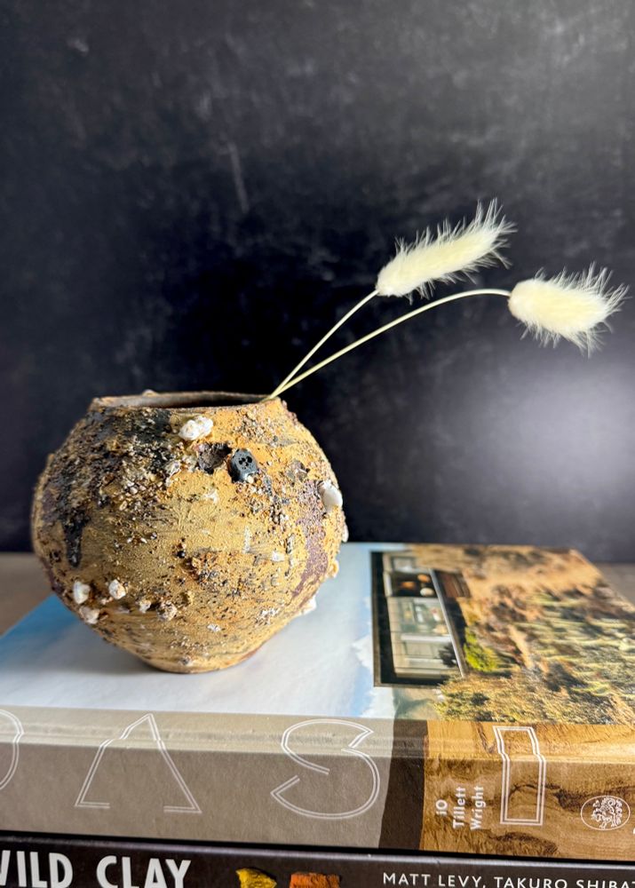 A round moon-shaped vessel sits atop a stack of books including one about wild clay and one about oasis desert living. It compliments both books with a desert clay orange/tan color, and an earth mix of aggregates stuck to it, including rocks, sand, lava stone, deep burgundy oxide washes and more. It holds two small cat of nine tails and sits against a black backdrop. 