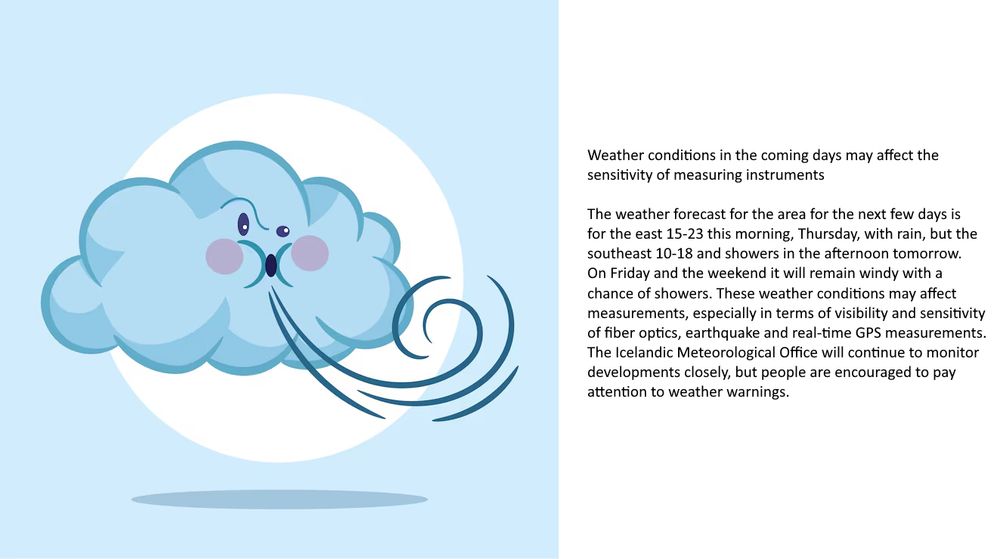 Weather conditions in the coming days may affect the sensitivity of measuring instruments
The weather forecast for the area for the next few days is for the east 15-23 this morning, Thursday, with rain, but the southeast 10-18 and showers in the afternoon tomorrow. On Friday and the weekend it will remain windy with a chance of showers. These weather conditions may affect measurements, especially in terms of visibility and sensitivity of fiber optics, earthquake and real-time GPS measurements. The Icelandic Meteorological Office will continue to monitor developments closely, but people are encouraged to pay attention to weather warnings.