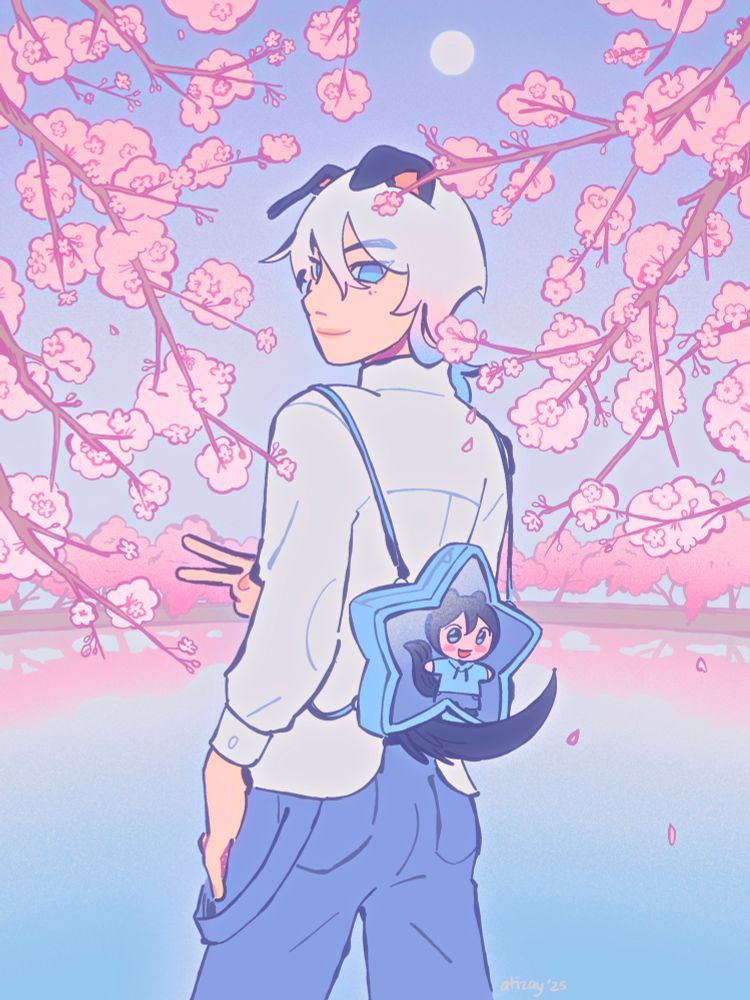 My OC Hyun, a kpop idol with puppy ears and tail, posing in front of a body of water and surrounded by branches covered in cherry blossoms. 