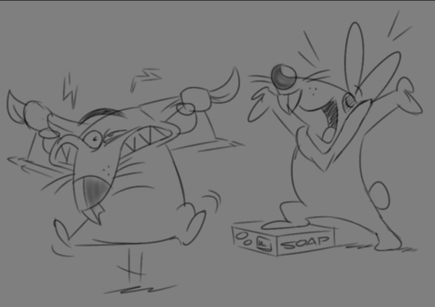 Harelynn (right) is loudly singing while Bunther (left) is annoyed, jumping up and pulling on his ears.