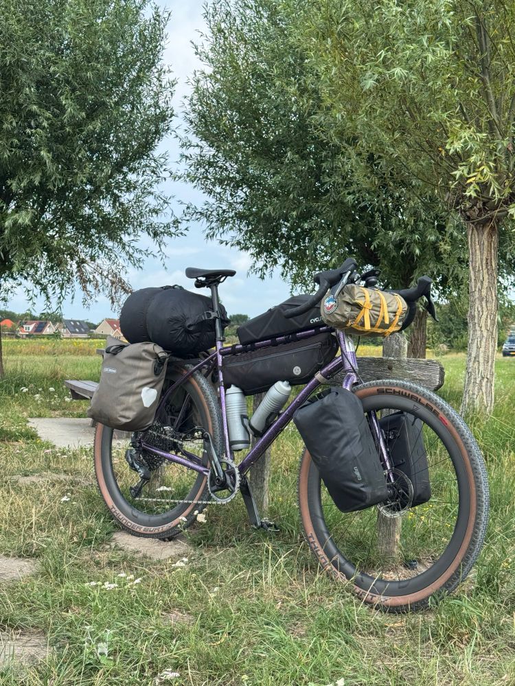 Ein voll ausgestattetes Bikepacking-Fahrrad mit Dropbar-Lenker steht auf einer Wiese neben einer Bank und Bäumen. Das Rad ist mit mehreren Taschen beladen: einer großen Satteltasche, seitlichen Ortlieb-Packtaschen am Hinterrad, einer Rahmen+Oberrohrtasche, zwei Gabeltaschen vorne sowie einer Lenkertasche (Zelt) in Rollenform. Am Rahmen befinden sich zwei große Trinkflaschen.