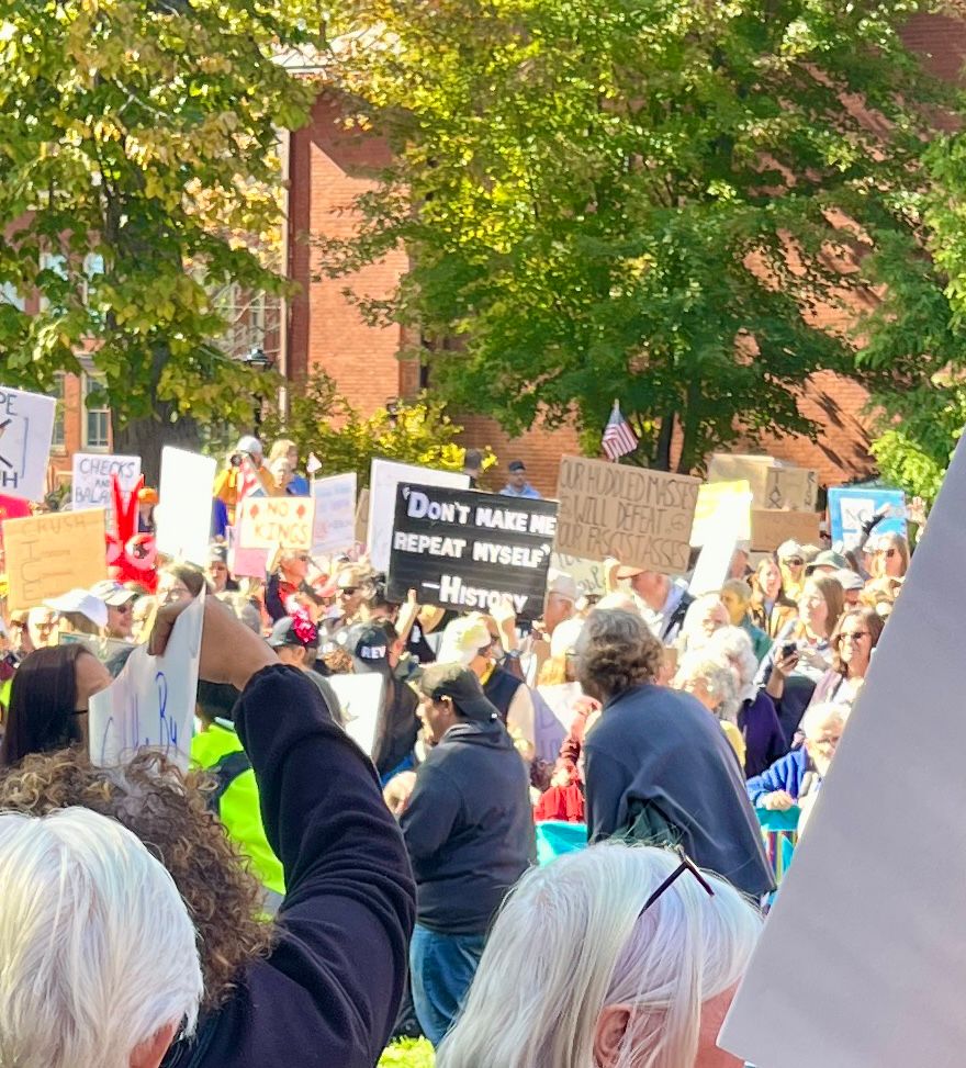 Protesters at the No Kings rally in Northampton, MA. Sign that says, “Don’t make me repeat myself.”

-History