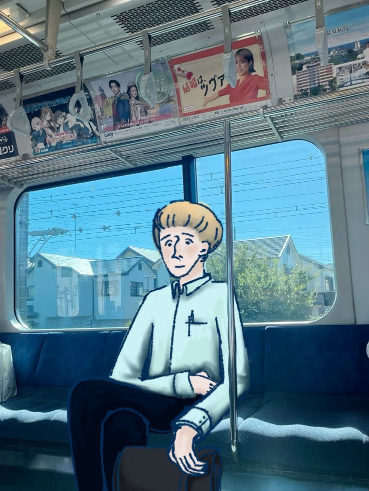A digital drawing of the same guy on a train in business clothes and a briefcase on a train in Japan 