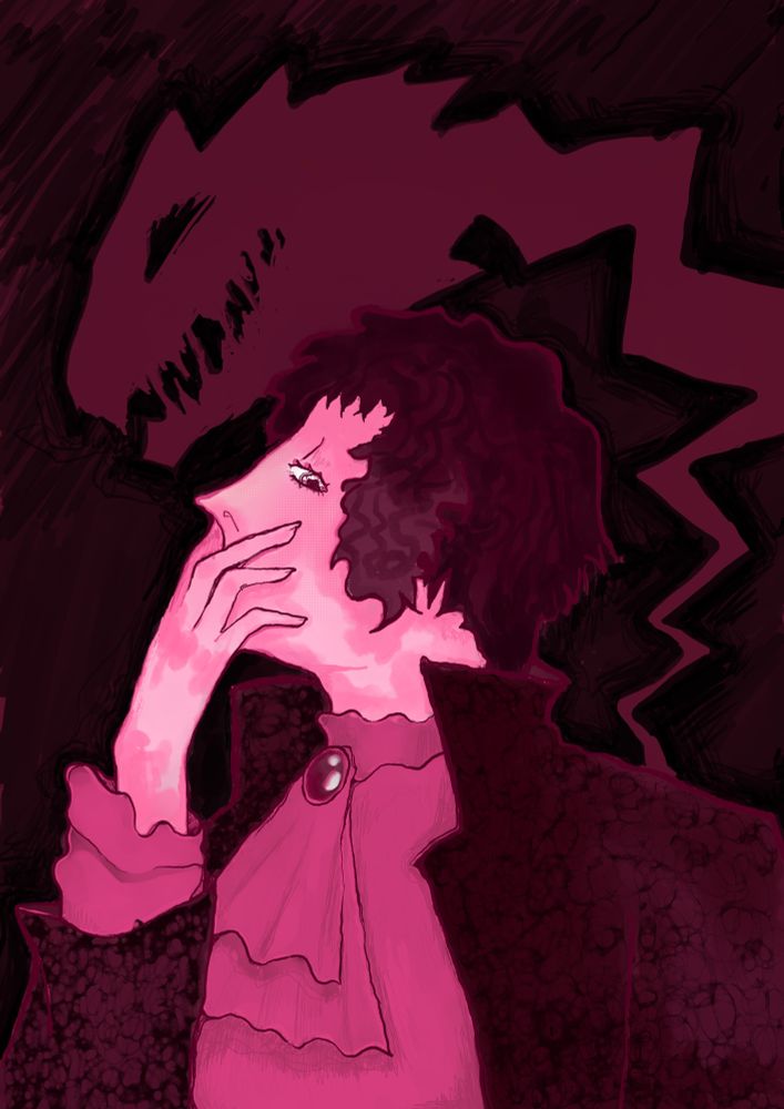 digital artwork of Akutagawa from Bungo Stray Dogs in a dark magenta color palette with the silhouette of Rashōmon in the background