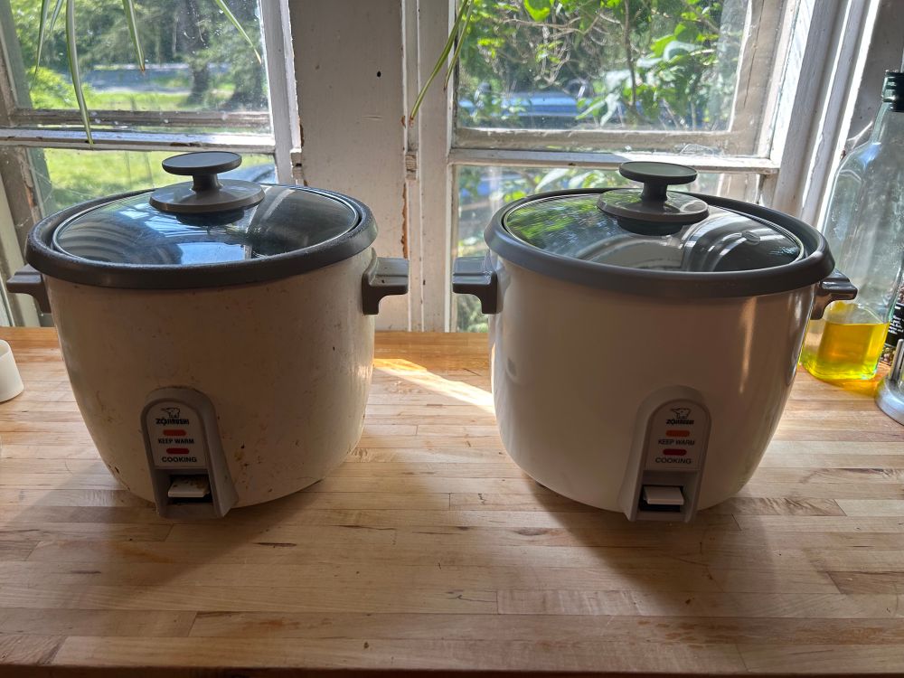 Two rice cookers on a wooden countertop in front of a sunny window. The one on the left is beaten and scratched from thirty years of abuse. A brand new identical model sits next to it. 
