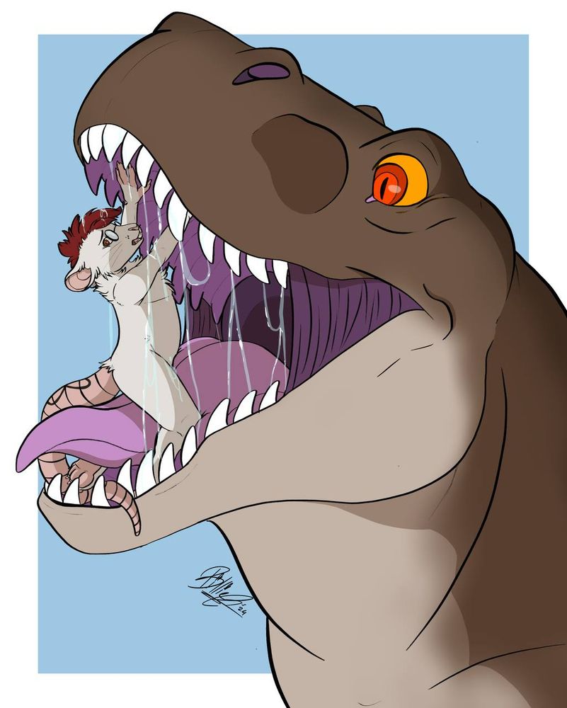 White rat with glasses inside a T-rex maw