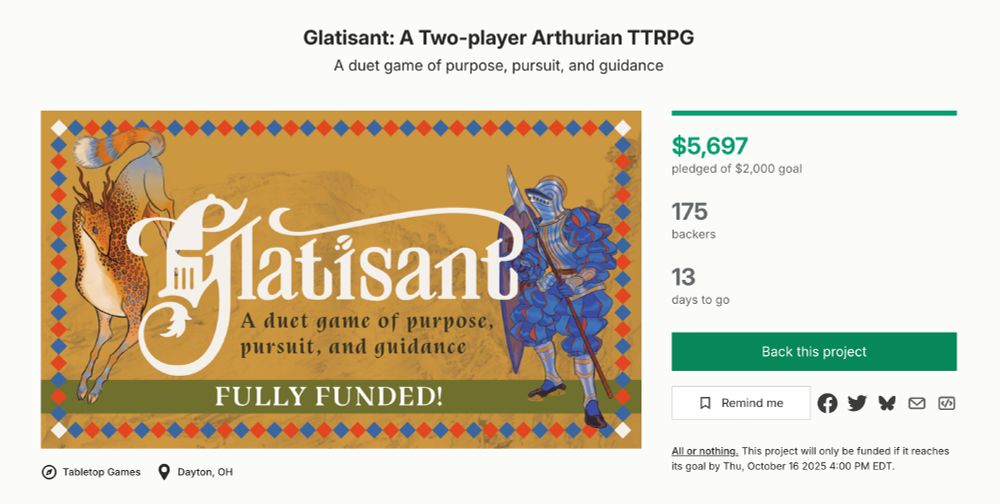 A screenshot of the Glatisant Kickstarter page showing the funding bar at $5,697 (nice), 175 backers and 13 days to go.