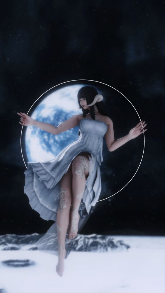 Tsuna, dressed in a white gown, is seated on a ring that encompasses Hydaelyn in a nonsensical but ethereal kind of way.