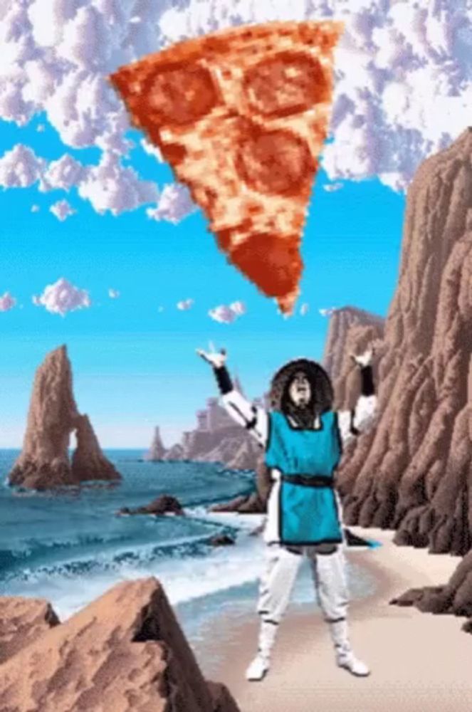 a man is holding a large slice of pizza in the air