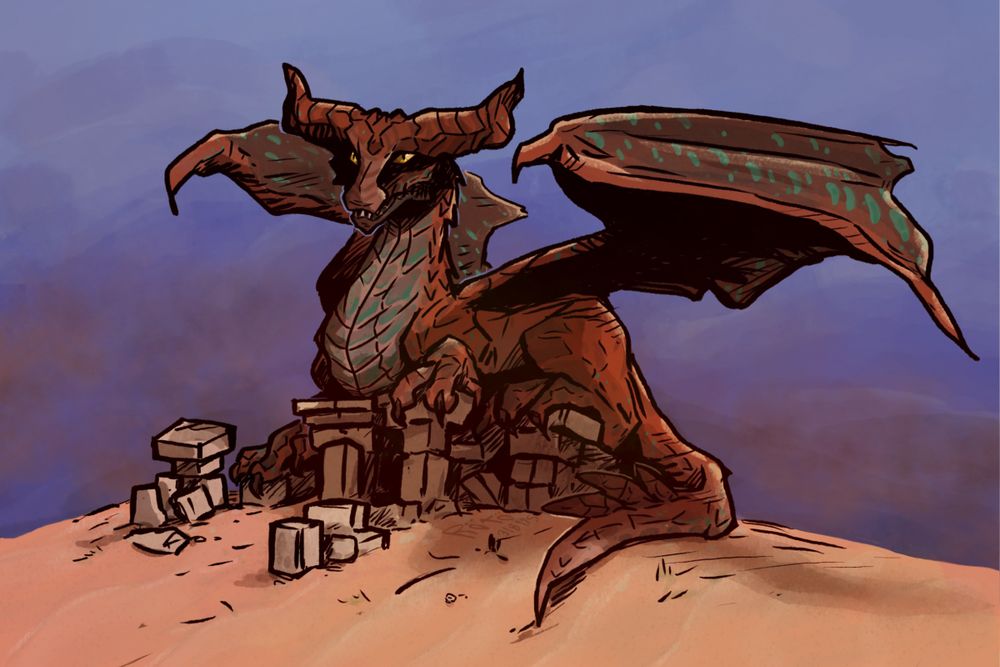 2d digital fan art abot a dragon from Dragon Age Inquisition game. Dark orange/brown/red dragon with coppergreen spots laying over ruins.