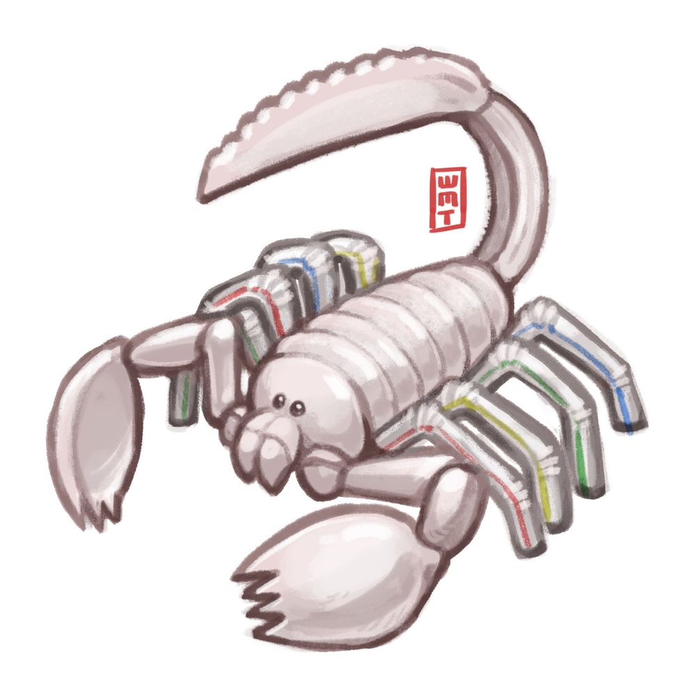 Drawing of a plastic scorpion with sporks for pincers and a knife for a stinger and drinking straws for legs.