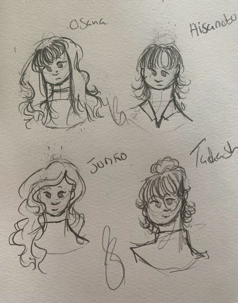 Pencil sketches of four of my persona ocs (persona 5 specifically) 

Osana - looks curiously at something 
Hisanobu - left of Osana, looks done with everything 
Junko - Bottom left  looks happy 
Tadashi - bottom right looks happy 