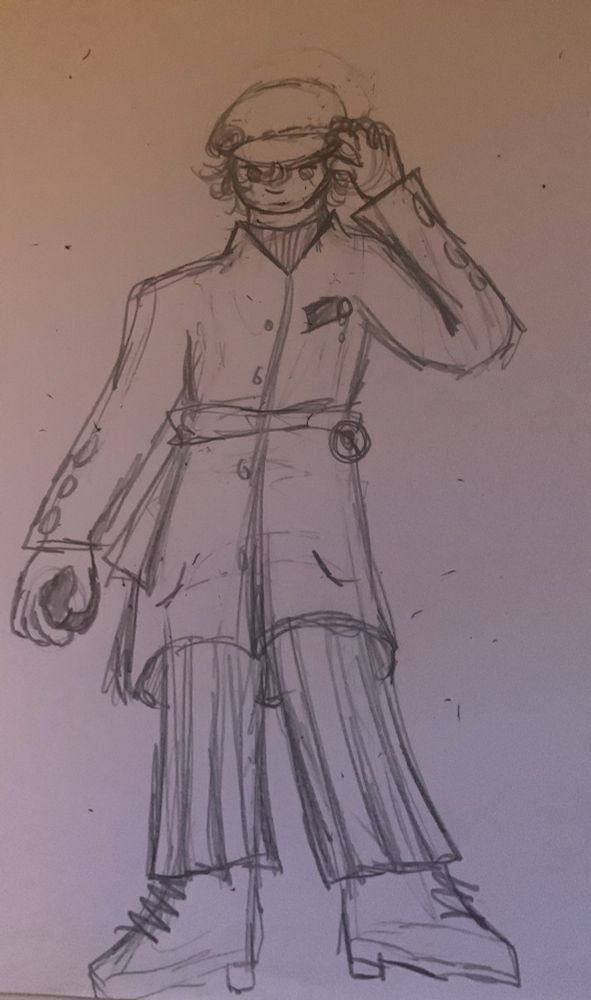 Pencil sketch of naoto from persona 4 

They stand straight, one arm down holding a pokeball and the other bent hand holding their hat. 

They wear a pea coat like thing and striped pants and boots 