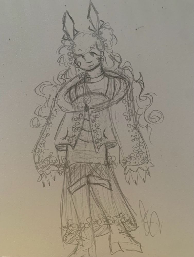 Pencil sketch of Ann Takamaki 

She wears a simple bodycon dress underneath a very floral patterned jacket that loops around her neck and hangs on a simple bunny shaped button 

It has flowers on the sleeves and the main part of the jacket 

She wears fishnets and knee high boots with a see through skirt that also has floral patterns on the bottom 