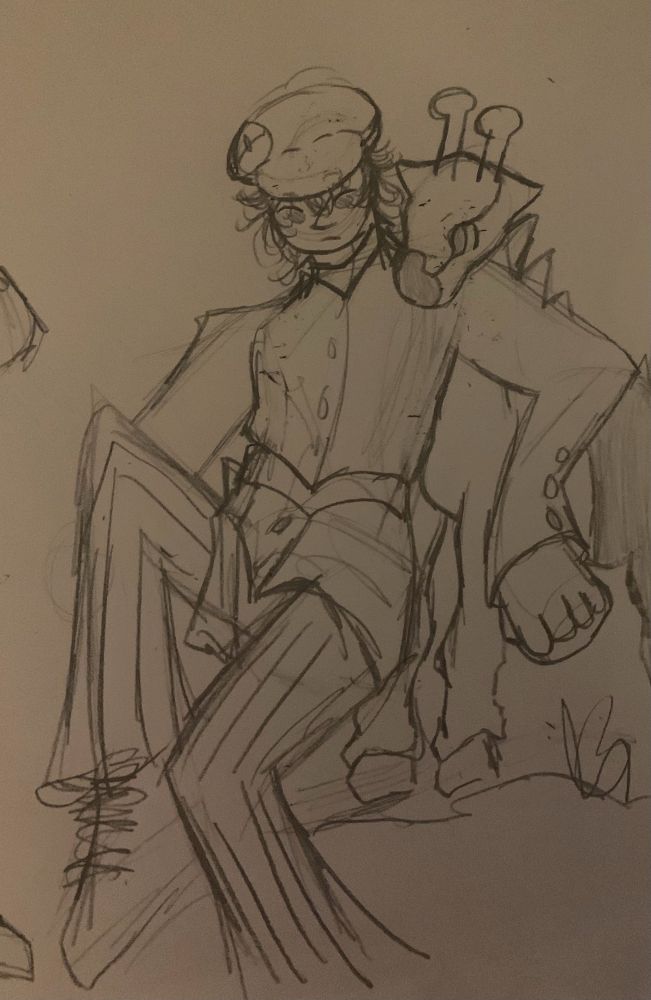 Pencils sketch of naoto and girafarig 

Naoto sits one leg bent upwards and the other bent straight 

They wear the pea coat and striped pants, a turtleneck underneath the coat. Their girafarig has It’s head on their shoulders and is stood behind them 