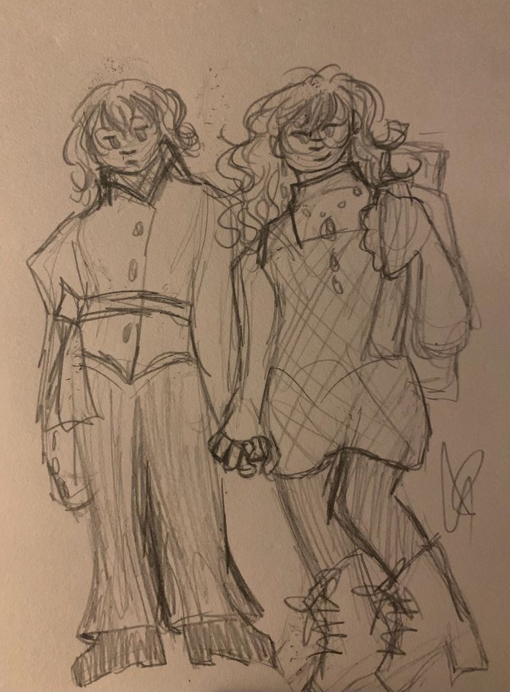 Pencil sketch of a fem goro and p5 protagonist 

Both of them wear quite casual clothes, goro is wearing a pea coat with long black pants. 

Ren is wearing a turtleneck and a tartan dress with big chunky boots. 