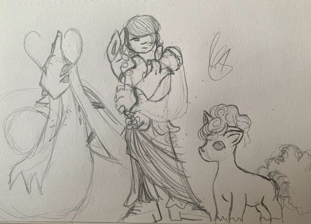 Pencil sketch of yusuke and two pokemon on his team (milotic and Alolan ninetales) 

Yusuke’s wears a flamboyant outfit frilled cuffs and neckline along with frilled pants which have a large sash like cover over them attached by a flower charm. He holds a pokemon in his left whilst his right arm holds his left elbow 

Milotic on his left and Alolan ninetales on his right