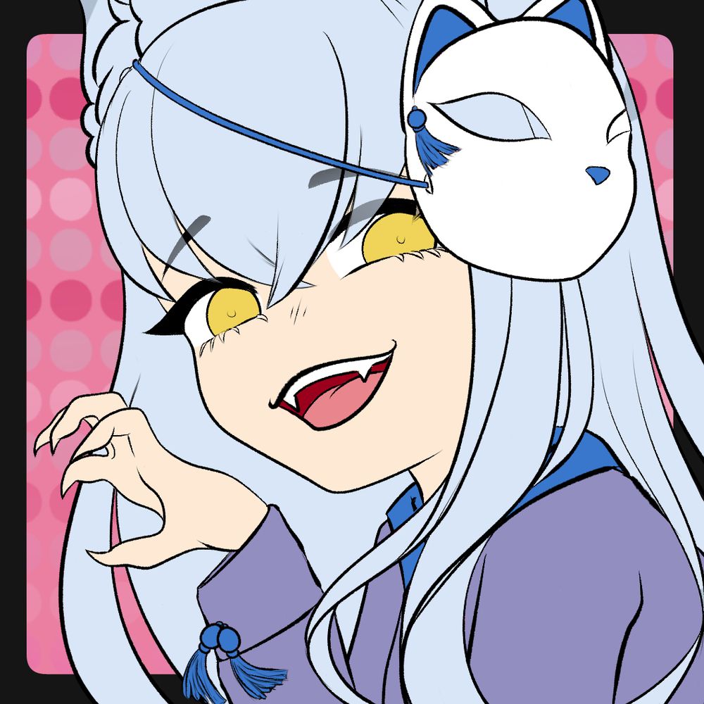 Cloud's oc doing the same "raw" pose, she has long silver hair, yellow eyes; is wearing a cat mask on her head and a off purple kimono that that tassels on the sleeves
