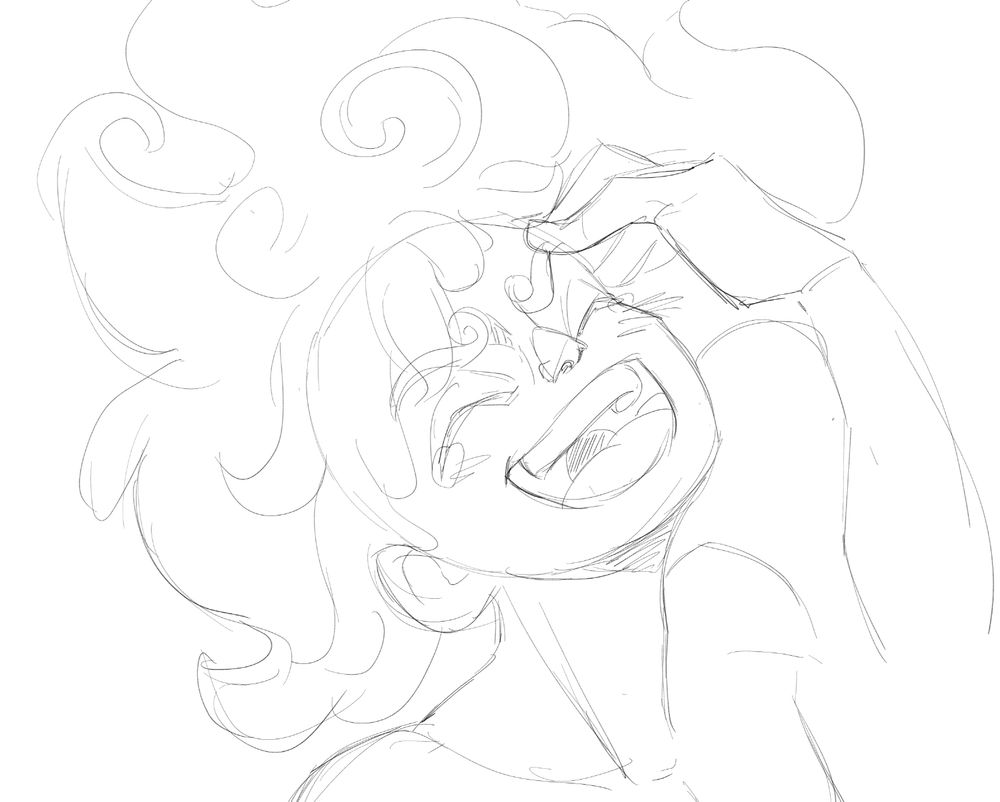 Quick sketch of gear 5 Luffy, laughing with eyes closed and hand on forehead