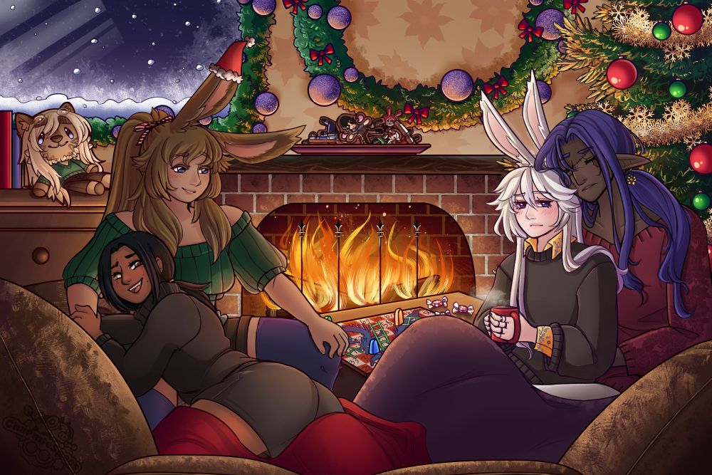 A festive scene of four friends drinking hot cocoa and wrapped in blankets upon a velvety brown couch. Two of them are a couple, and leaning against each other. There is a plush doll of Mylon in the background, sitting on a side table that is beside a roaring fireplace. Atop the fireplace is a plate of gingerbread cookies that are decorated to represent other friend's characters. The atmosphere is warm and festive. There is a game of Snakes and Ladders on the table, but the snakes are Leviathan from Final Fantasy 14. Outside the window, you can see the snow piling up outside. Happy Holidays.