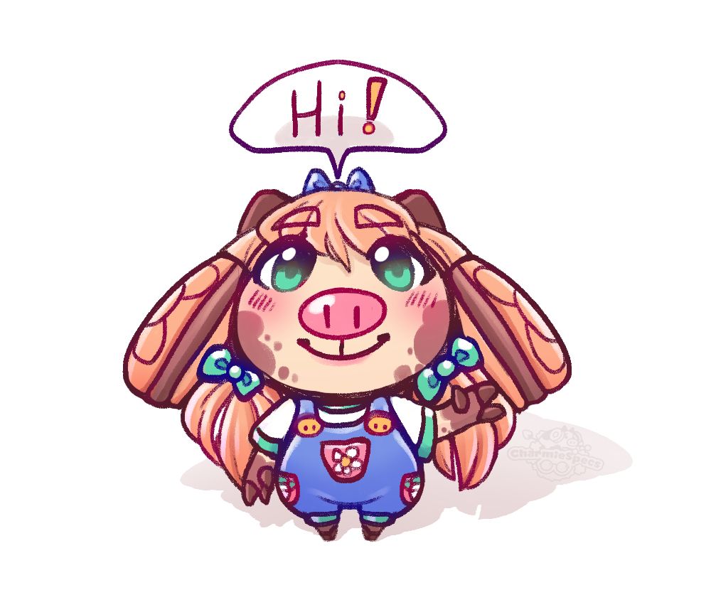 Art of my cookie cow mascot. She has blonde hair, brown horns, and vanilla sandwich cookie ears with chocolate frosting. She is wearing blue overalls, and is waving while saying "Hi!". 