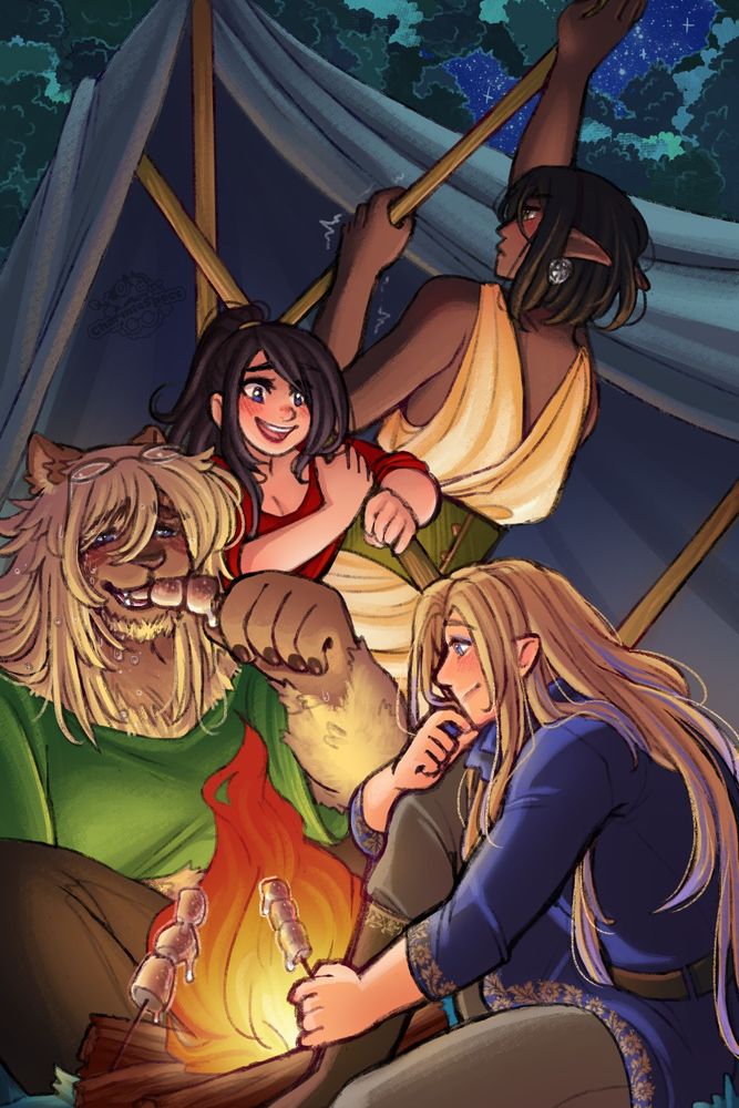 From the top to bottom, an elezen man, a half-garlean woman, a hrothgar man, and an elezen woman are all sitting around a campfire roasting marshmallows. The two at the top are taking time to set up a tent for the night, while the bottom two tend to the campfire. They are all having a great time. 