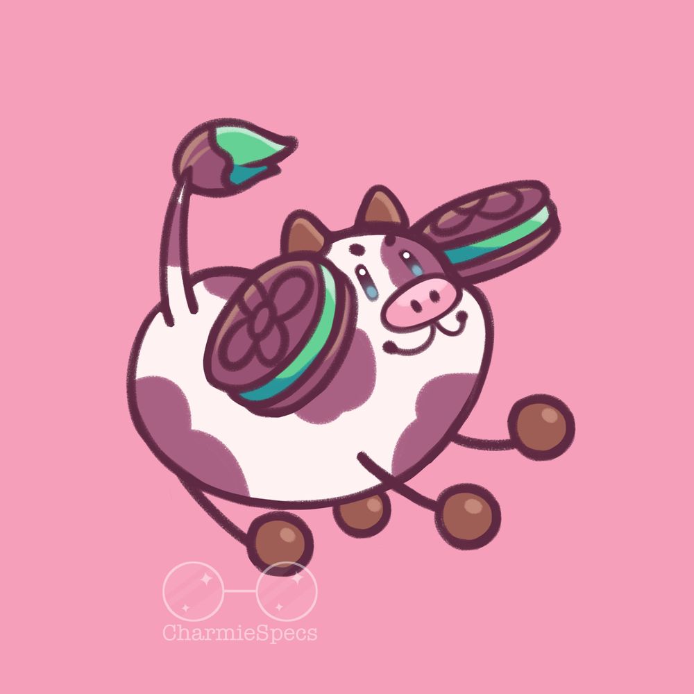 A stylized drawing of a cow-like creature on a pink background. It is colored to look like a chocolate mint cookie. 