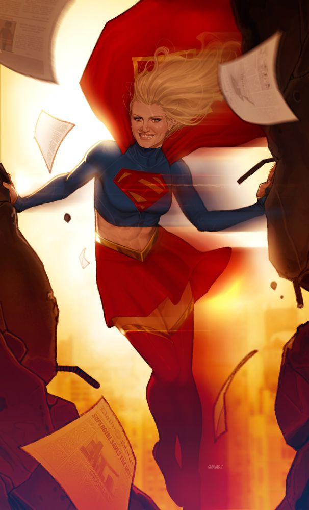 Supergirl , from DC comics , she is Superman cousin , having the same abilities as him . She wearing a cropped with the S symbol and mini skirt with gold belt , wearing thigh high boots red and gold boots . She is flying motion giving a smile 