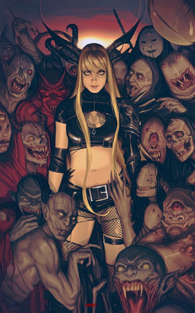 Magik from X-men, Marvel comics , she is wearing black leather crop for and leather shorts with torn fishnets . As she look devilish towards the viewer surrounded by demons and ghouls 