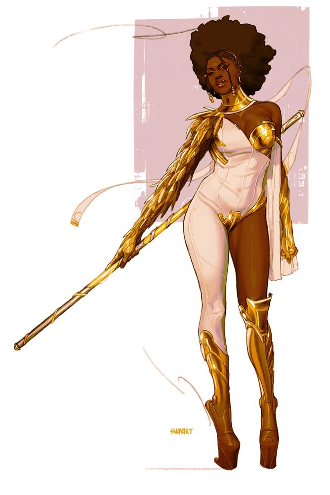 A beautiful black woman holding a staff . Her outfit is color combo of white and gold , gold being armory and accents with the suit. 
