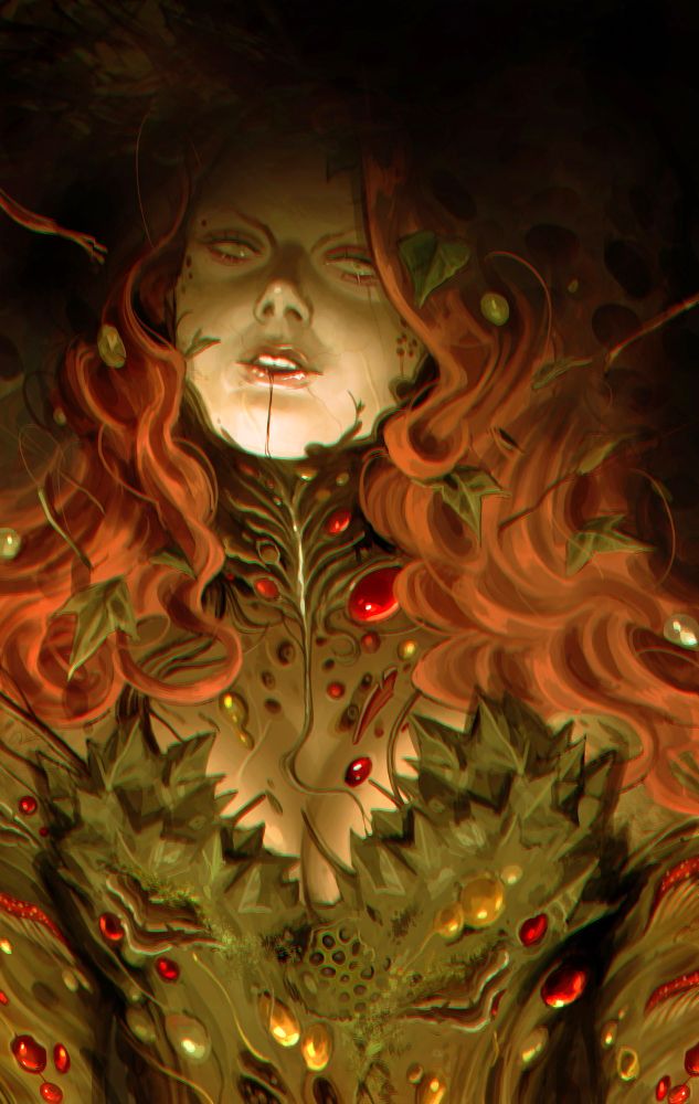 Poison Ivy, one of Batman’s Villains from DC comics. She is covered up in fungus , pups , and weeds from her powers 
