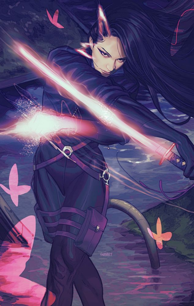 Psylocke , X-men character from marvel comics . Japanese native character, real name Kwannon, wielding a samurai sword in an action position as psychic powers veils and forms to butterflies 