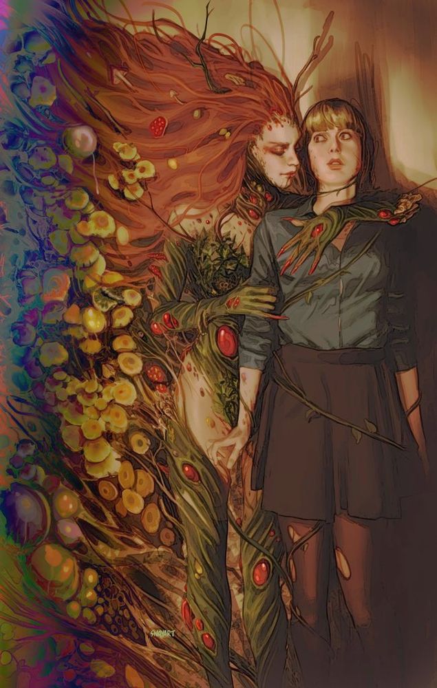 Poison Ivy , DC comic anti hero , from the Batman universe. Is holding close with a woman , Janet Mitchell, Ivy’s assistant, as toxic mushroom and plants infecting the walls and weeding around Janet body 