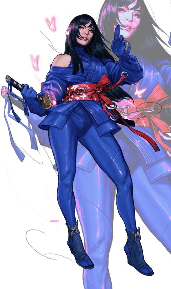 Psylocke , X-men character from Marvel comics. Kwannon , Japanese assassin, who has psionic abilities. She is wearing an inspired Japanese leather kimono while underneath wearing a bodysuit . On feet are wedges with metal butterfly patch 
