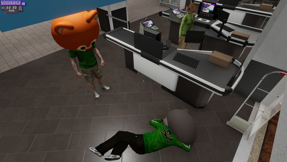 A top-down screenshot from the video game 'Supermarket Together' showing a bizarre scene inside a modern grocery store. In the foreground, a figure wearing a green shirt and black pants lies face down on the dark tiled floor, with a large, grey, simplified Raccoon head. A second figure stands nearby wearing a large, orange, stylized Red Panda head mask, a green shirt, and khaki shorts, looking down at the figure on the floor. In the background, a third, unmasked character in a green outfit is operating a self-checkout station behind the cash register counter. The screen's upper left corner displays game information, including time and currency: "SUN 22:30 $0006852."