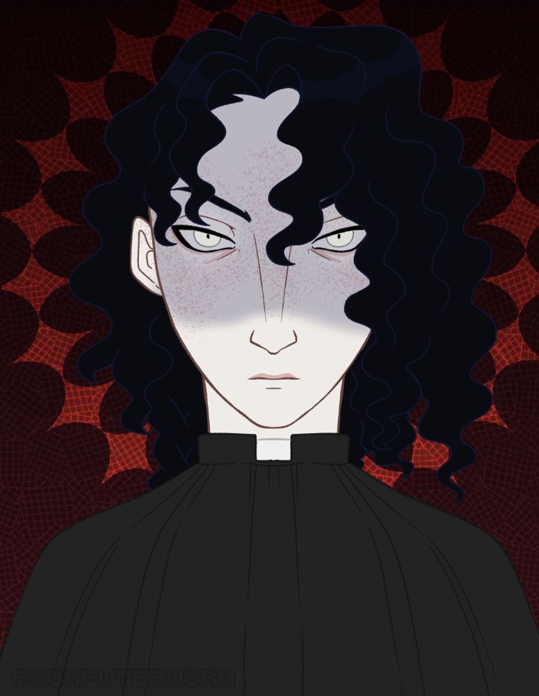 A bust of my original character, Fortunato. He's facing the audience. He's wearing a cassock with a pellegrina. He's a white man with grayish-white eyes and black, curly hair. He stands against a red background with a crown of thorns-like structure behind him. His face is partially obscured with a purply shadow, putting further emphasis on his eyes and making him look sinister.