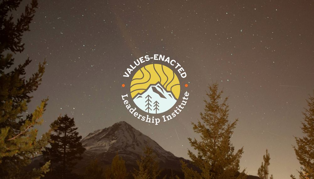 A graphic featuring the logo for the HuMetricsHSS Values-Enacted Leadership Institute, a white mountain with silhouetted pine trees against a yellow sky with wavy topographical lines. Around the edge it reads, Values-Enacted Leadership Institute. The logo itself is superimposed over a photograph of a mountain, trees, and starry sky.