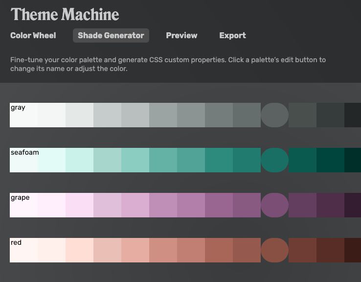 Screenshot of several color swatches in the Theme Machine