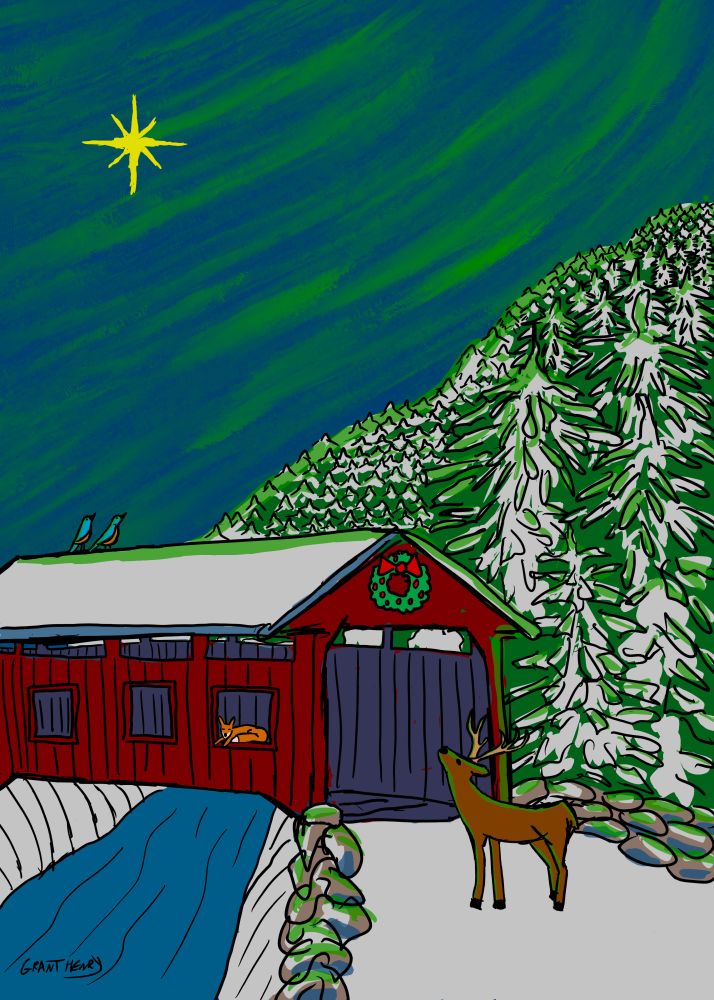Illustration of a covered bridge on a snowy mountain, various animals looking up at the sky that has the northern lights and the star of bethlehem