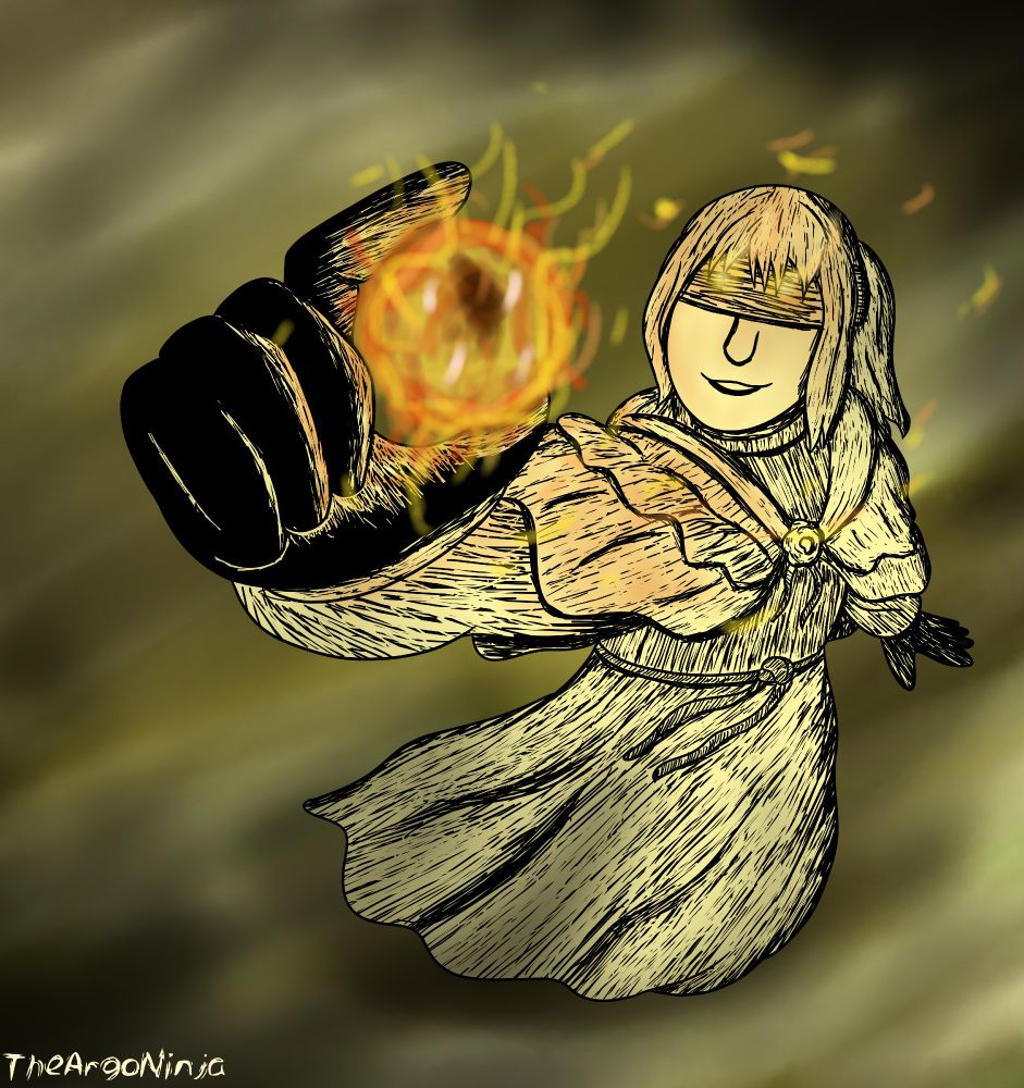 Digital Crosshatching Art of Hyetta (From Elden Ring) holding a Shabriri Grape towards the viewer. The grape is radiating frenzy flame.