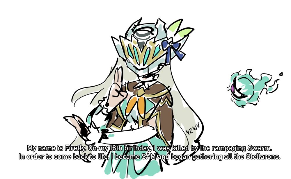 Drawing of Firefly doing one of Kamen Rider Ghost's poses. A small Cirrus is next to her. Caption: 